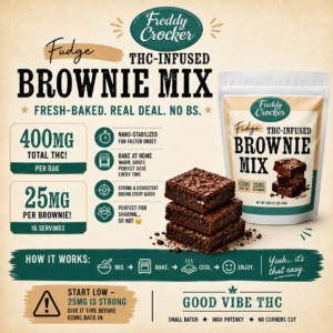 Freddy Crocker Fudge THC-infused Brownie Mix infographic showing 400 mg total THC per bag and 25 mg per brownie with serving imagery and baking steps.